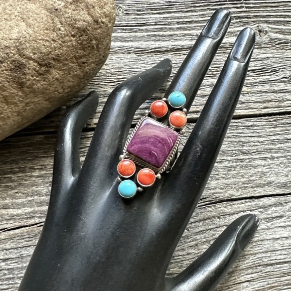 Navajo Sterling Silver Multi Stone Spiny Oyster Turquoise Ring Size 7.5 D Wylie - Picture 4 of 12